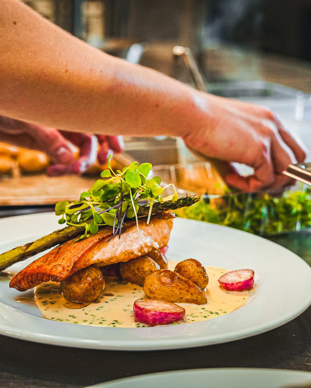 Warm-smoked fish dish being plated
