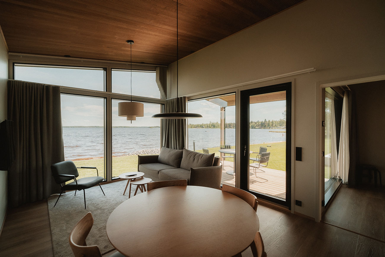 Living room with panoramic lake view
